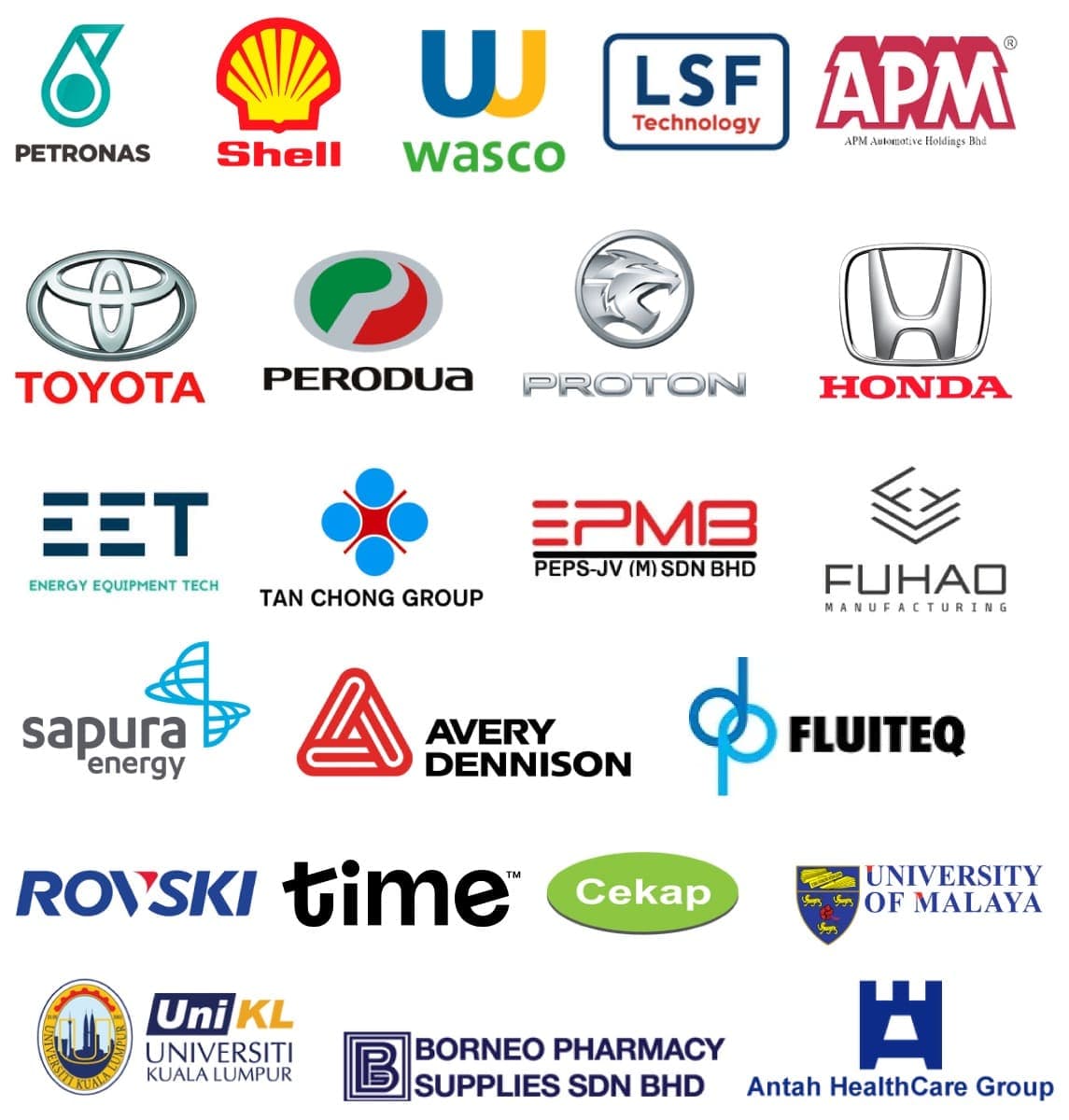 Client logo collage showing companies DR ISO Malaysia has worked with, including PETRONAS, Shell, Toyota, Perodua, Proton, Honda, University of Malaya, Avery Dennison, Sapura Energy, and others.